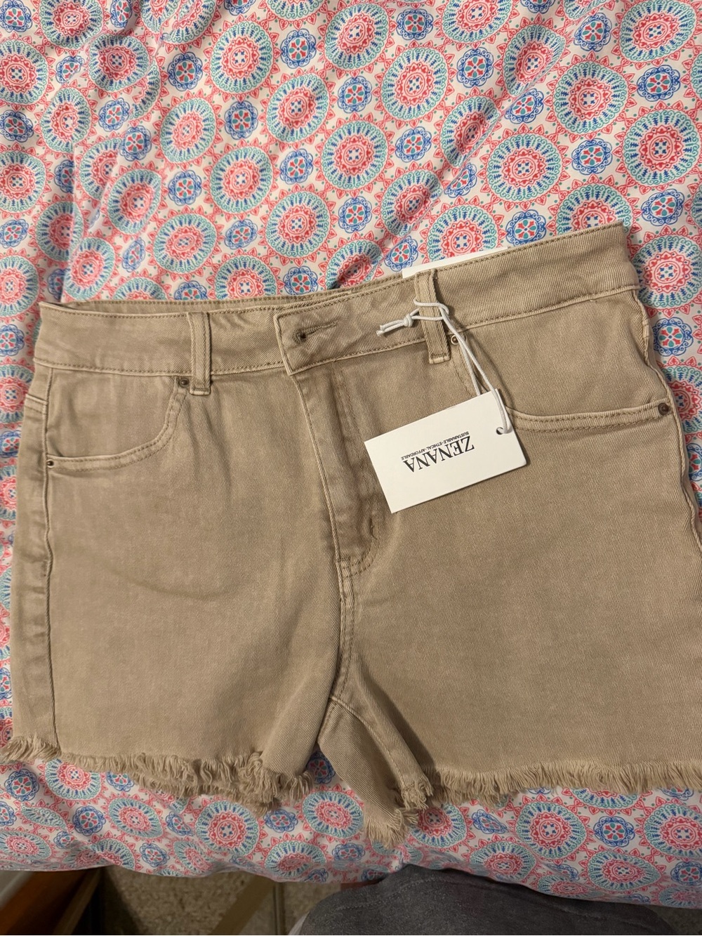 Zenana Outfitters Tan Frayed Hem Denim Shorts
